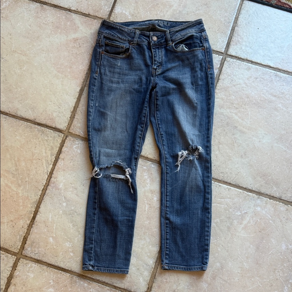 American Eagle Outfitters Dark Blue Skinny Jeans with Knee Distressing